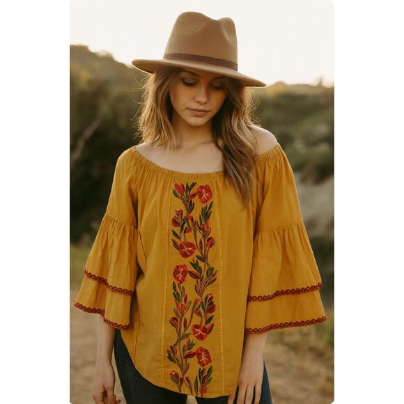 Solitaire Mustard Yellow Peasant Blouse Bell Sleeve Floral Embroidered Top M - Picture 1 of 6